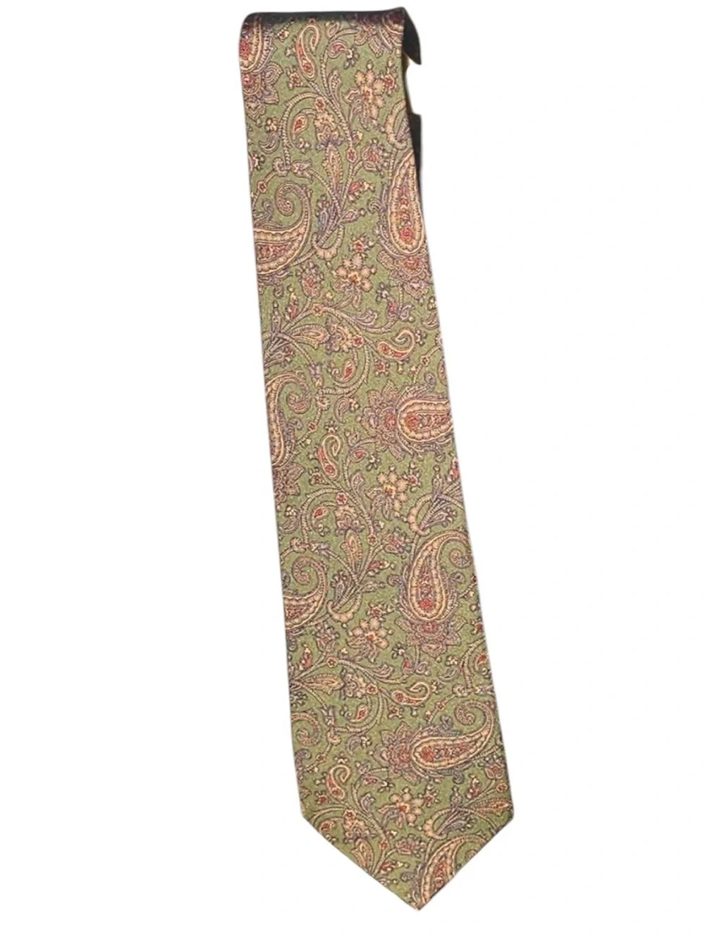 Vintage Burberrys of London Olive Green Paisley 100% Silk Tie Hand Made